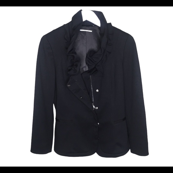 TAHARI Zip Front Blazer Jacket With Shoulder Pads & Ruffle Detail Black Medium - Picture 5 of 8